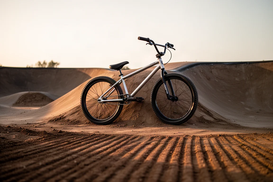 Dirt-Jump-Bike lehnt im Abendlicht an einem Pumptrack-Berm