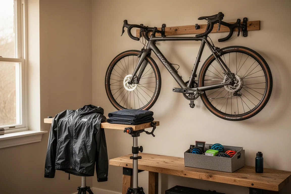 Ecke einer Heim-Fahrradwerkstatt mit einem an der Wand hängenden Bike und einer Jacke auf einem Ständer