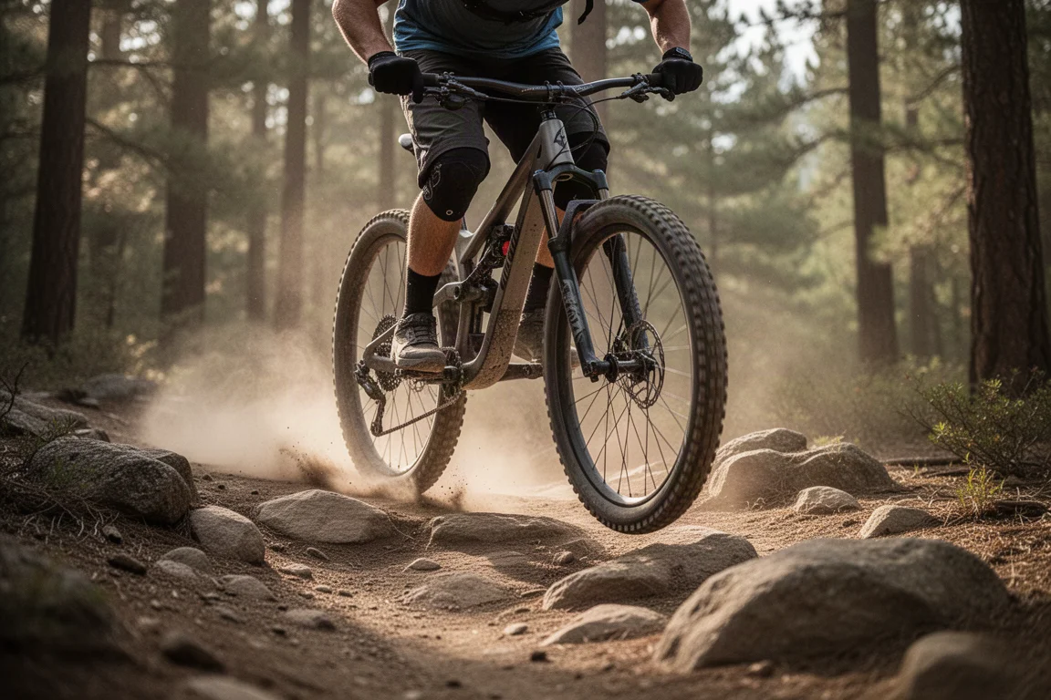 Ciclista de montaña recorriendo un sendero enduro rocoso con polvo levantándose y un bosque de pinos detrás