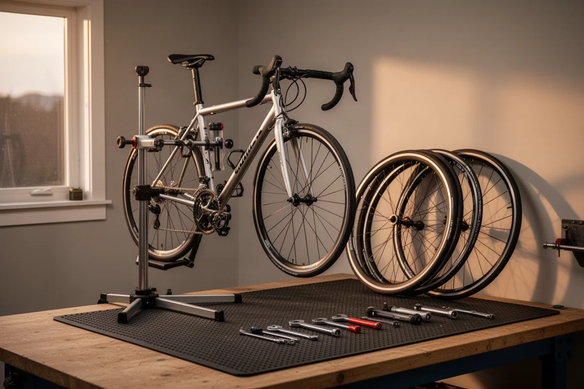 Taller casero de bicicletas ordenado con una bicicleta en un soporte de reparación y ruedas contra un banco
