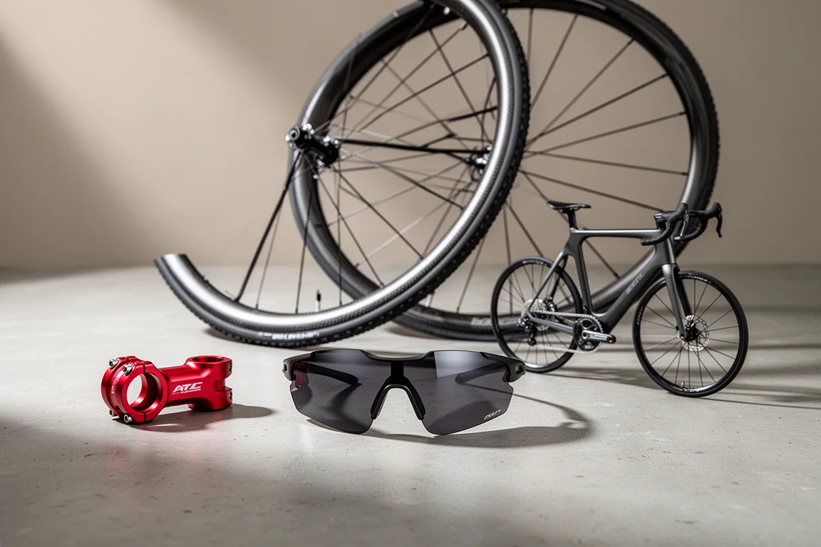 Fietsstuurpen, aero zonnebril, carbon velg en aeroracefiets-model gerangschikt op beton