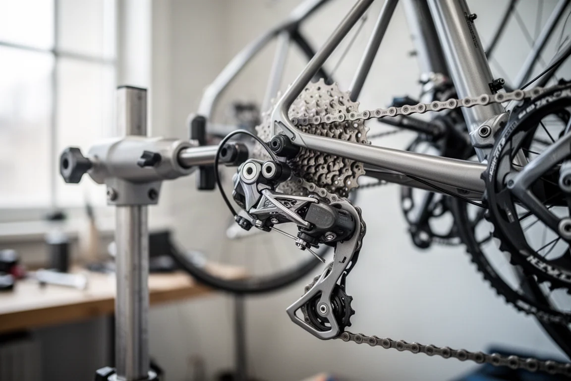 Close-up van een aandrijflijn van een racefiets op een montagestandaard in helder daglicht