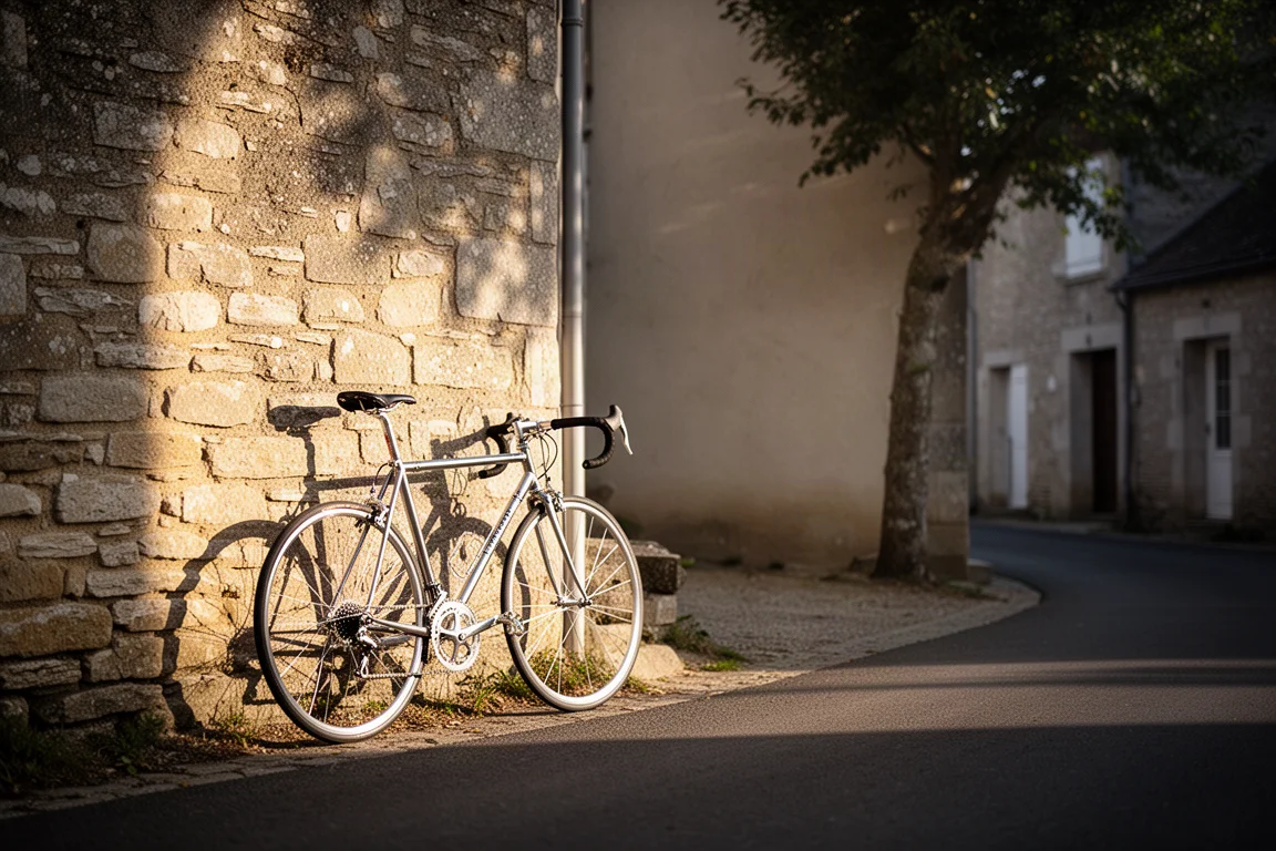 Stalen racefiets leunend tegen een zonbeschenen stenen muur in een rustige dorpsstraat