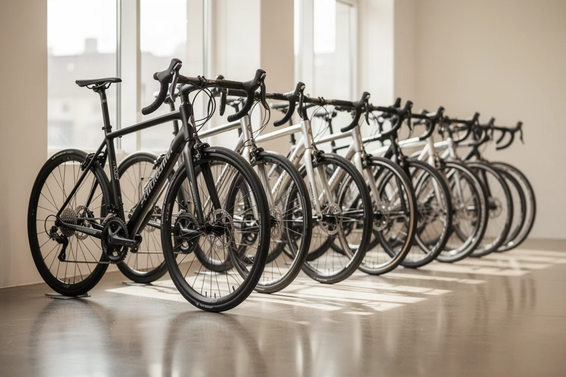 Rij racefietsen op een rij in een lichte showroom van een fietsenwinkel