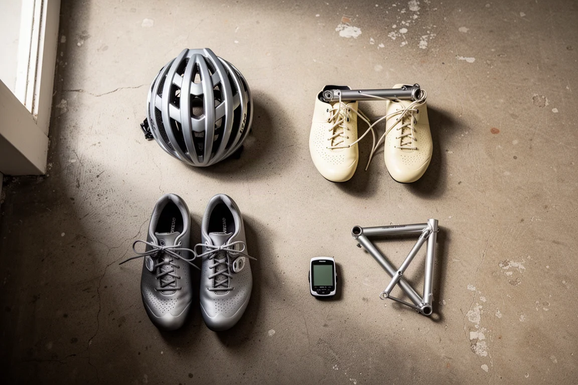 Flatlay van fietsuitrusting met een helm, wegschoenen met veters en een fietscomputer op beton