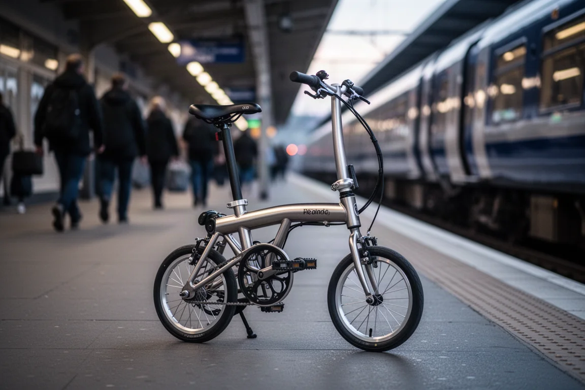 Opgevouwen compacte fiets met een geborsteld metalen frame op een perron bij zonsopgang