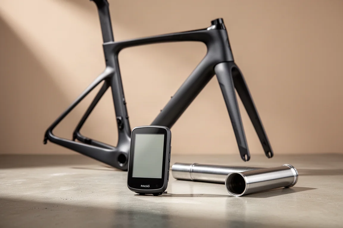 Aerodynamisch racefietsframe, detail van een stalen framebuis en een grote fietscomputer op een betonnen ondergrond