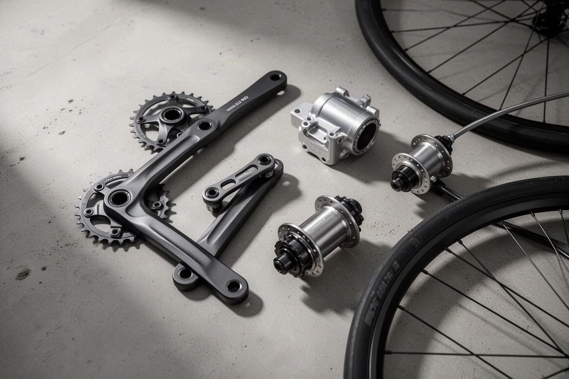 Flat-lay of bike crank arms, a sealed gearbox unit and a wheel hub with hose on concrete