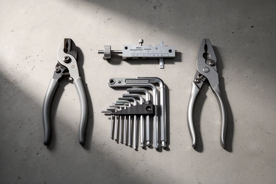 Flat-Lay von Fahrradwerkstatt-Werkzeugen auf einer mattierten Betonfläche