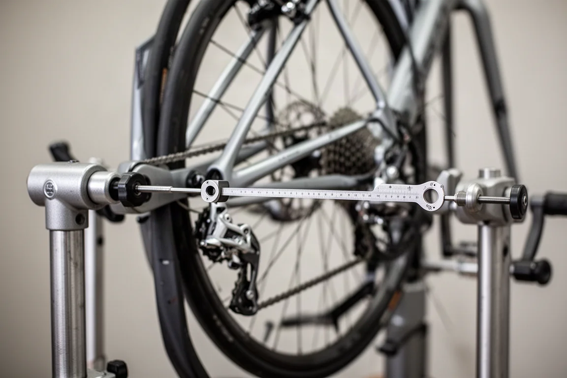 Ausrichtungslehre in ein Schaltauge an einem Fahrrad im Reparaturständer eingeschraubt