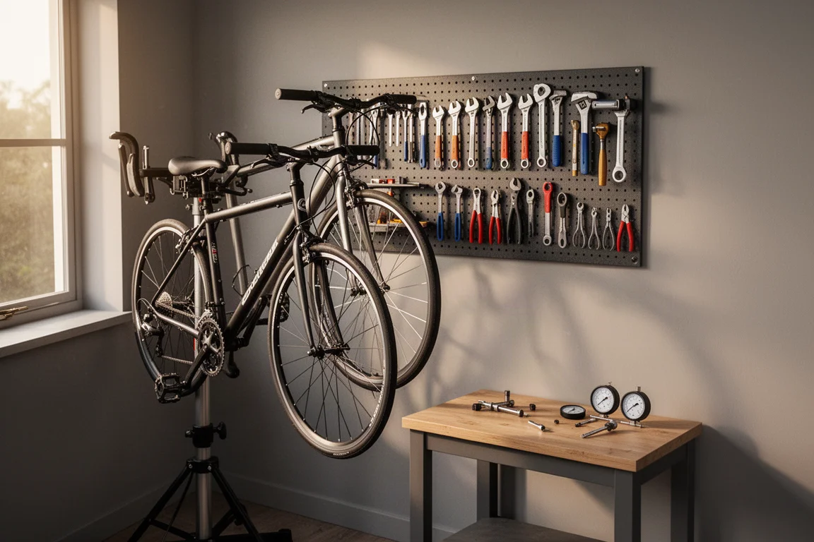 Heimwerkstatt-Ecke mit einem Fahrrad auf einem Reparaturständer und Werkzeugen an einer Lochwand