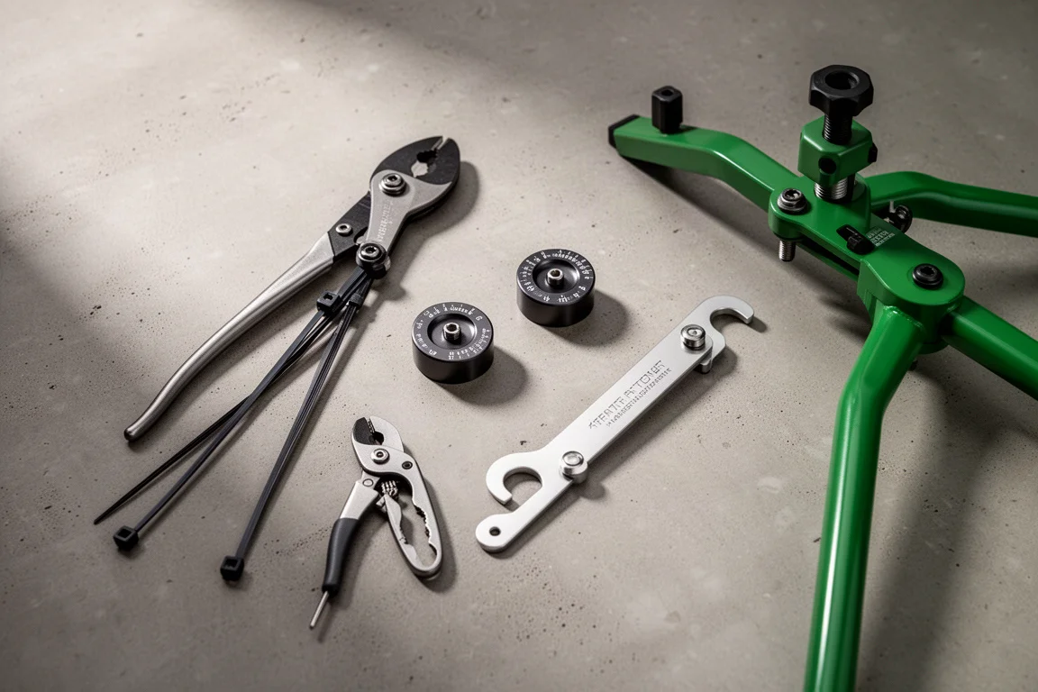 Overhead flat-lay of specialist bicycle workshop tools on a concrete surface