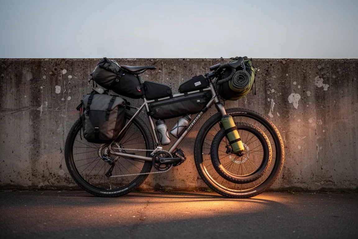 Vélo de randonnée chargé appuyé contre un mur au crépuscule, équipement sanglé