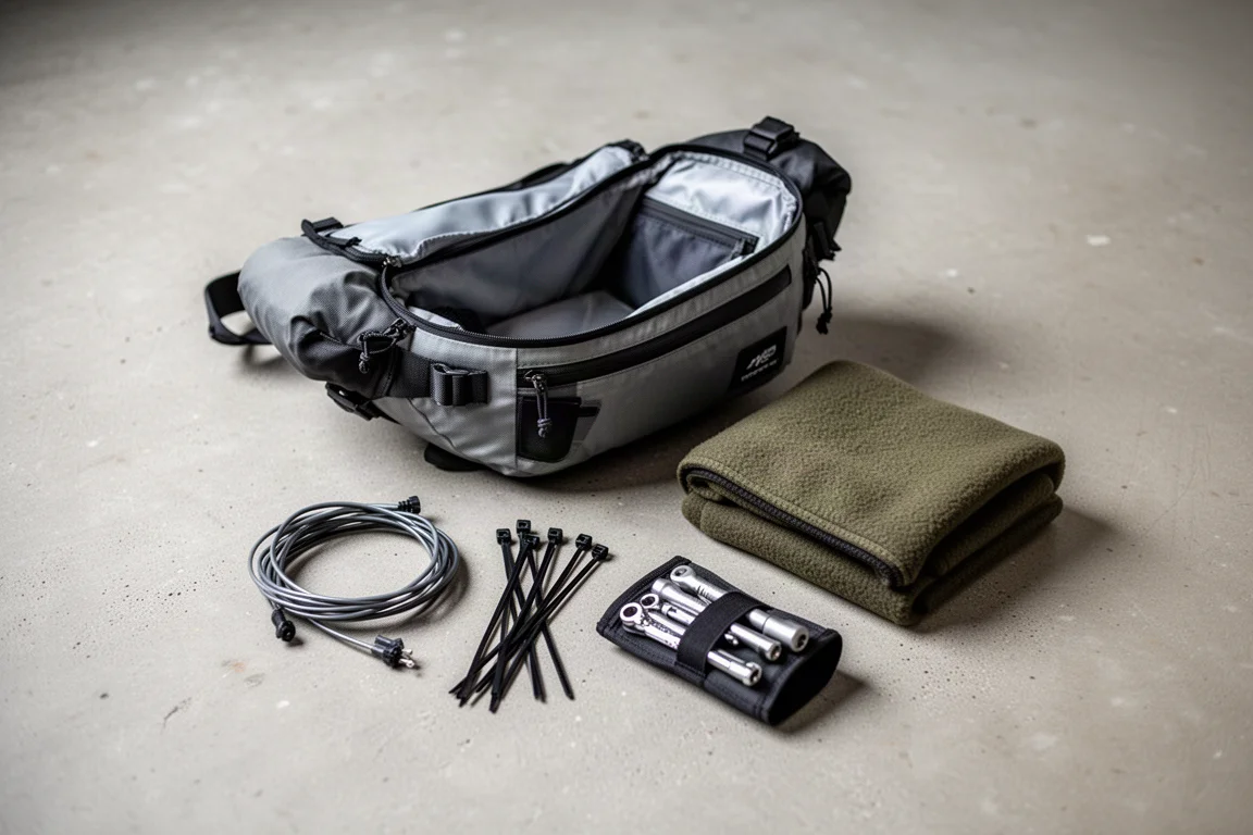 Sacoche de selle de bikepacking ouverte avec des articles de réparation étalés sur un sol en béton