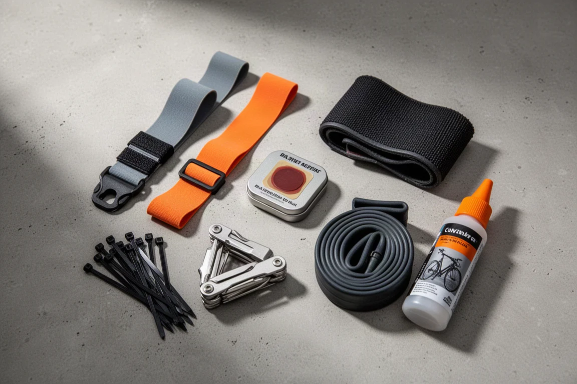 Flat lay of a bike trip repair kit with straps, multi-tool, patch kit and inner tube on concrete