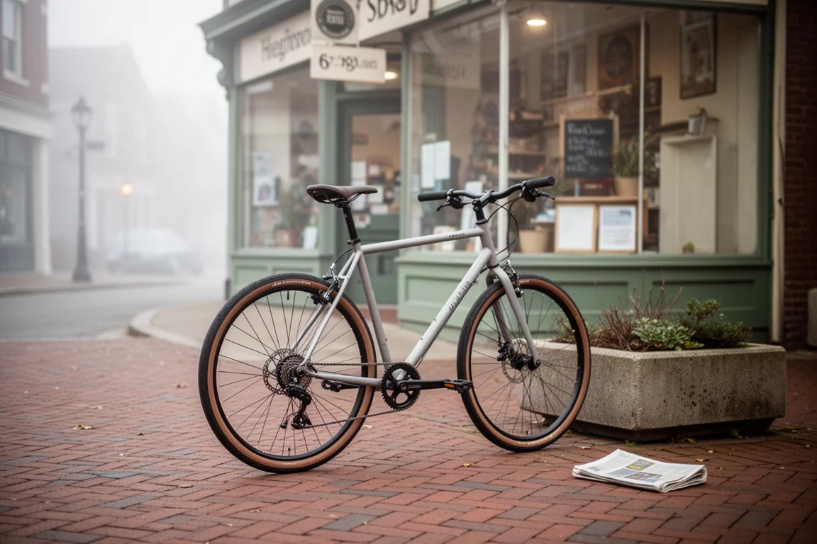 Hybridcykel med rakt styre parkerad utanför en närbutik på en tyst gata