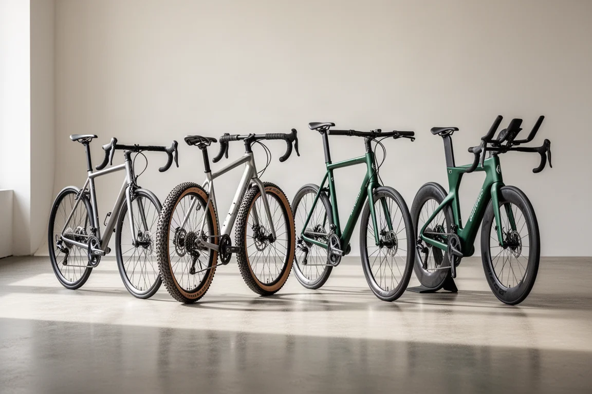 Four different bicycle types lined up side by side in a bright studio