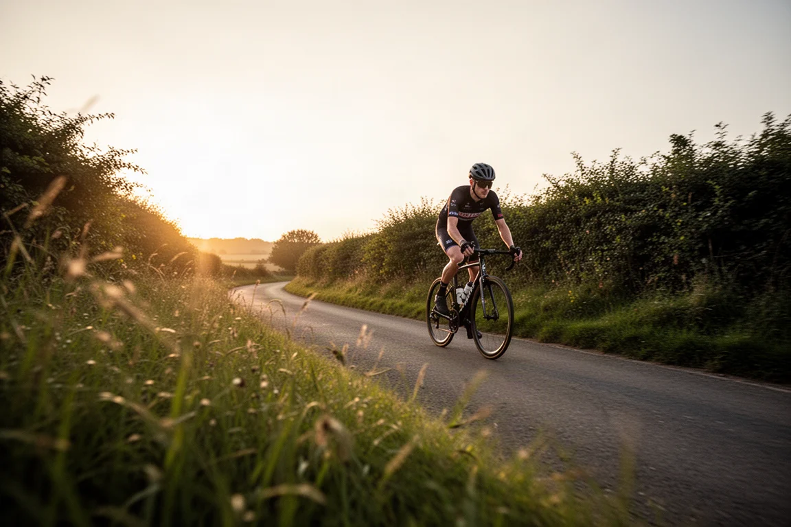 Ciclista pedalando uma bike de estrada em uma estrada rural na luz dourada do fim de tarde