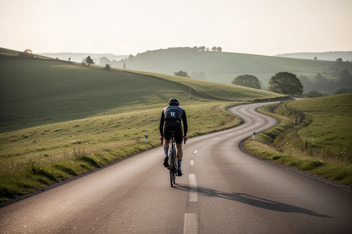 Ciclista de estrada subindo fora do selim em uma ladeira no fim da tarde