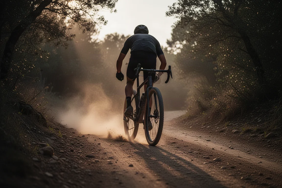 Ciclista de gravel descendo uma pista de terra solta com poeira atrás da roda traseira