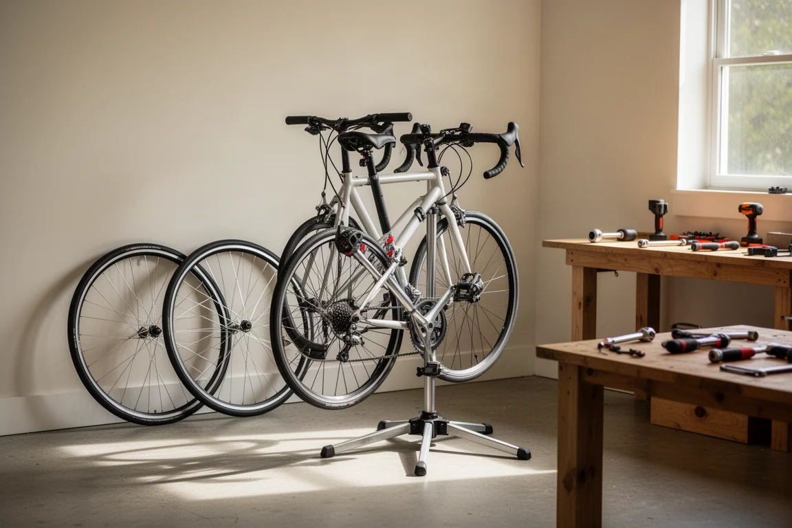 Bicicleta em um suporte de reparo em oficina doméstica com ferramentas dispostas em uma bancada