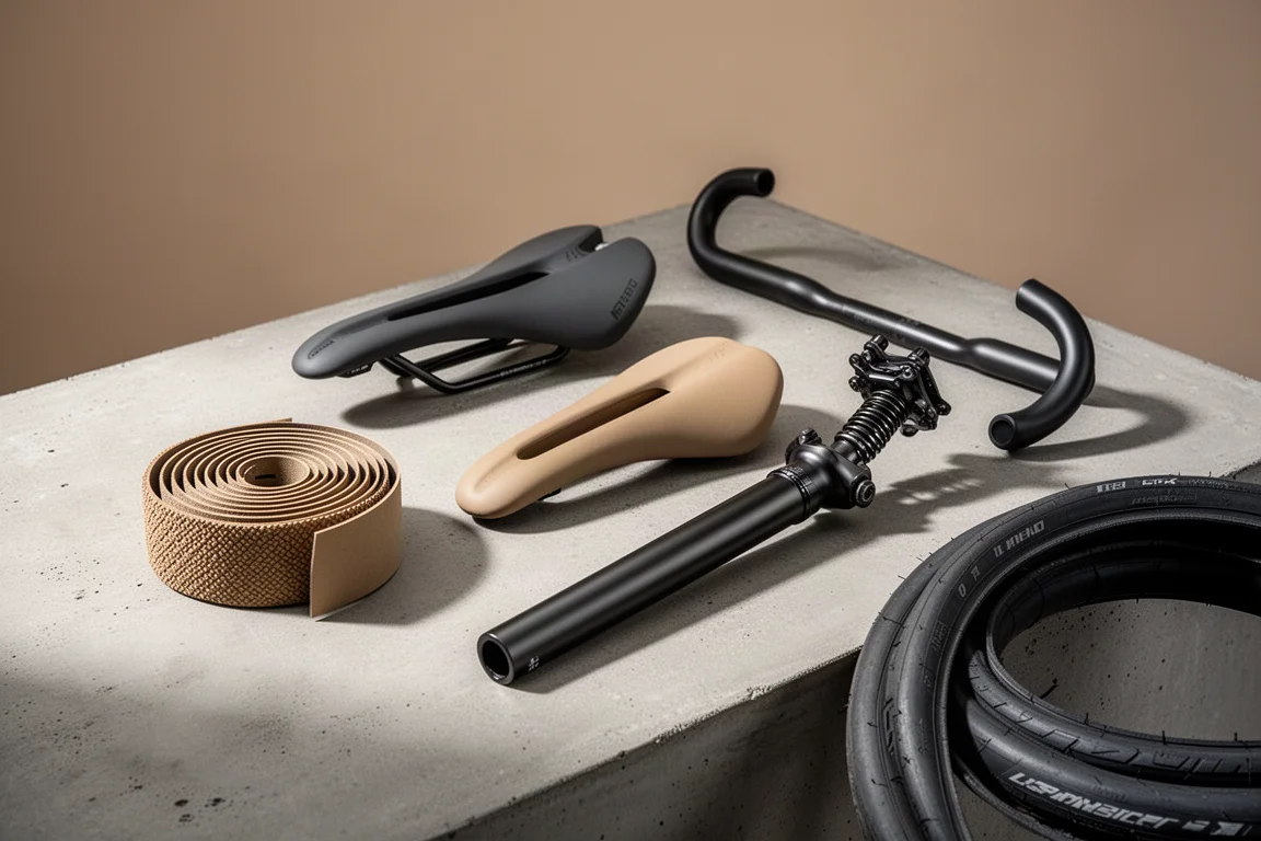 Bicycle upgrade components arranged on a concrete surface with a tire, saddle, bar tape and seatpost