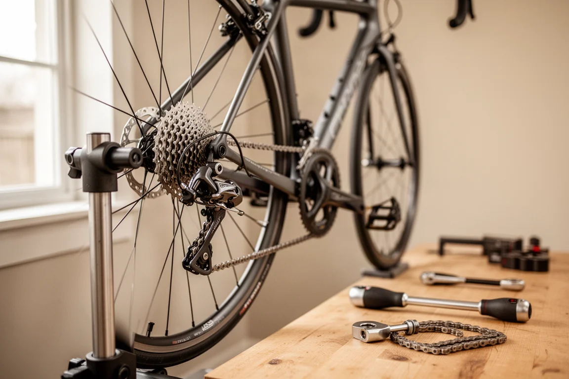 Vélo de route sur le sol d'un atelier à côté d'outils ouverts et d'une bouteille de lubrifiant de chaîne