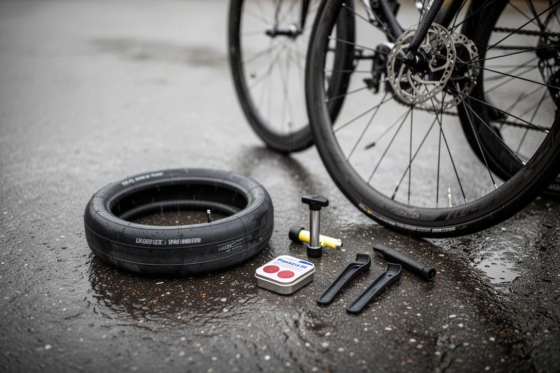 Gros plan d'un plateau de vélo et de la chaîne roulant sur une route mouillée