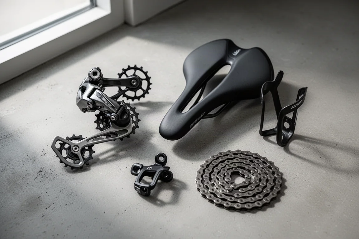 Cycling components including a derailleur, saddle, spray can and bottle cage on concrete