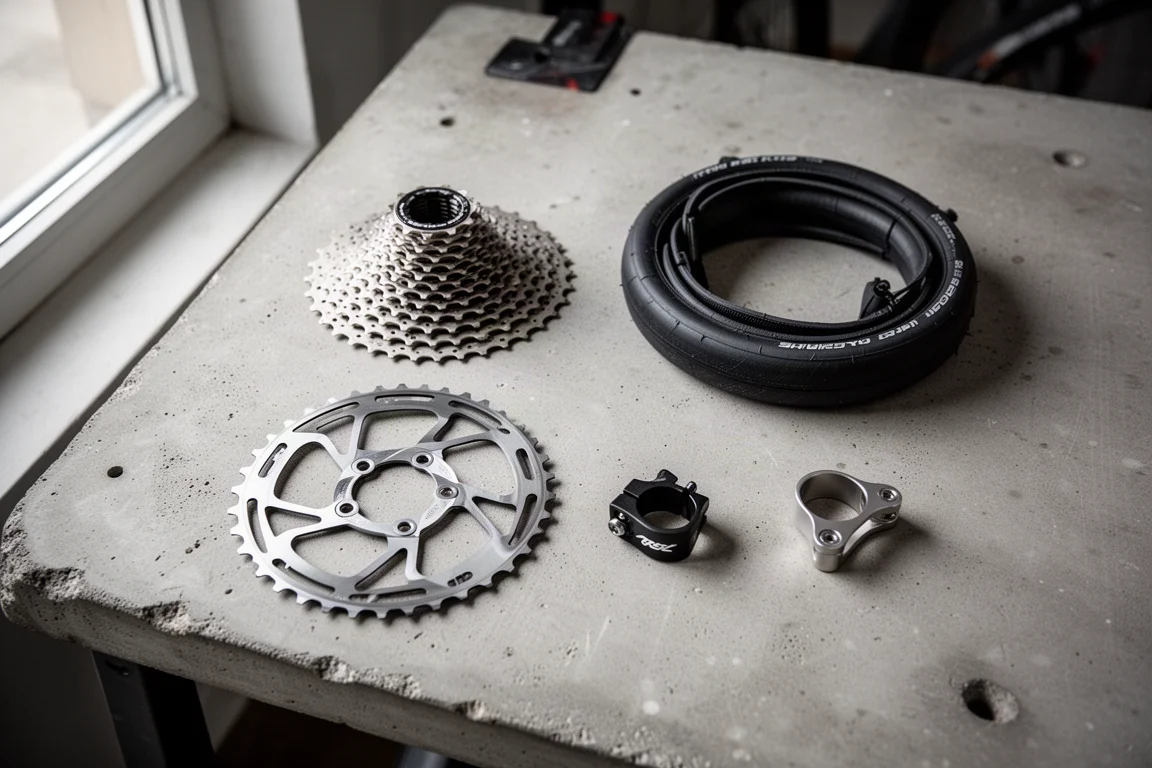 Road bike in a repair stand with tools and a folded tire on a workshop bench