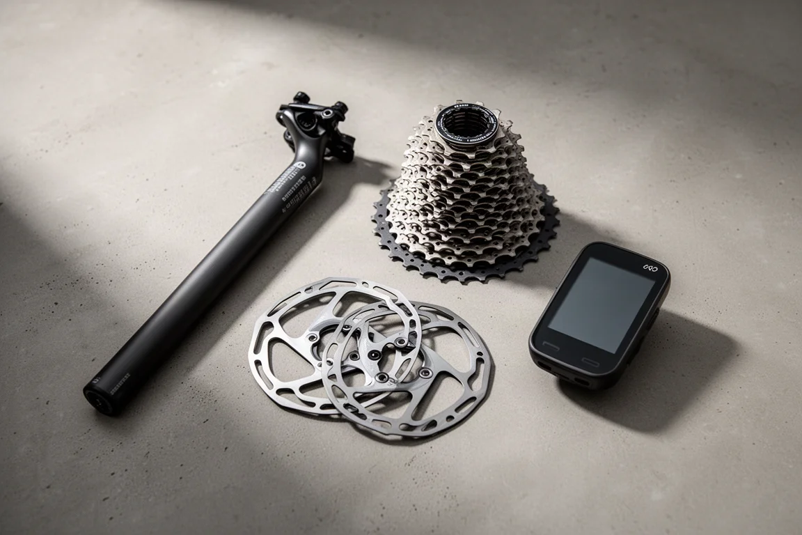 Road bike tire, cassette, disc rotor and cycling computer arranged on a concrete surface