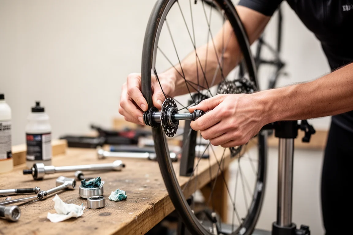 Cycliste réglant l'axe de roue sur un pied d'atelier dans un atelier