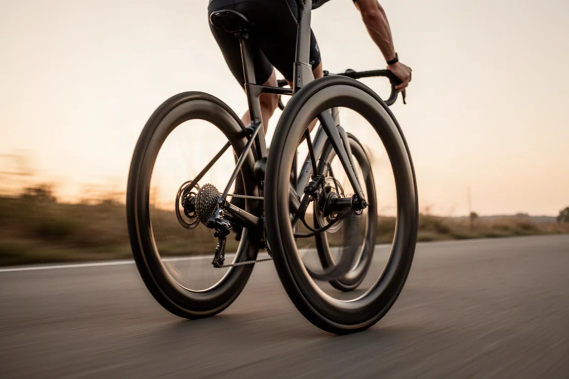 Cycliste sur route roulant à l'aube avec des roues à profil haut