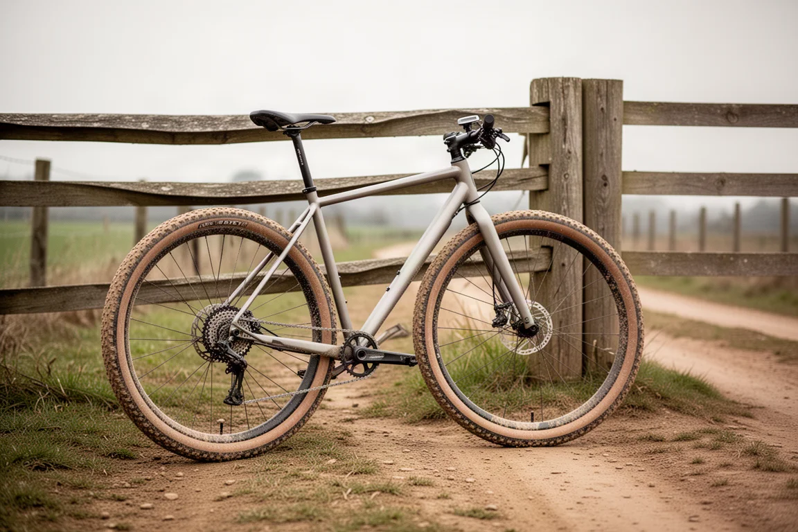 Vélo de gravel sur une route en terre avec des roues en alliage larges