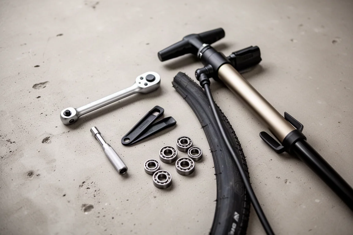 Vue à plat d'outils de cyclisme et de roulements de roue sur du béton