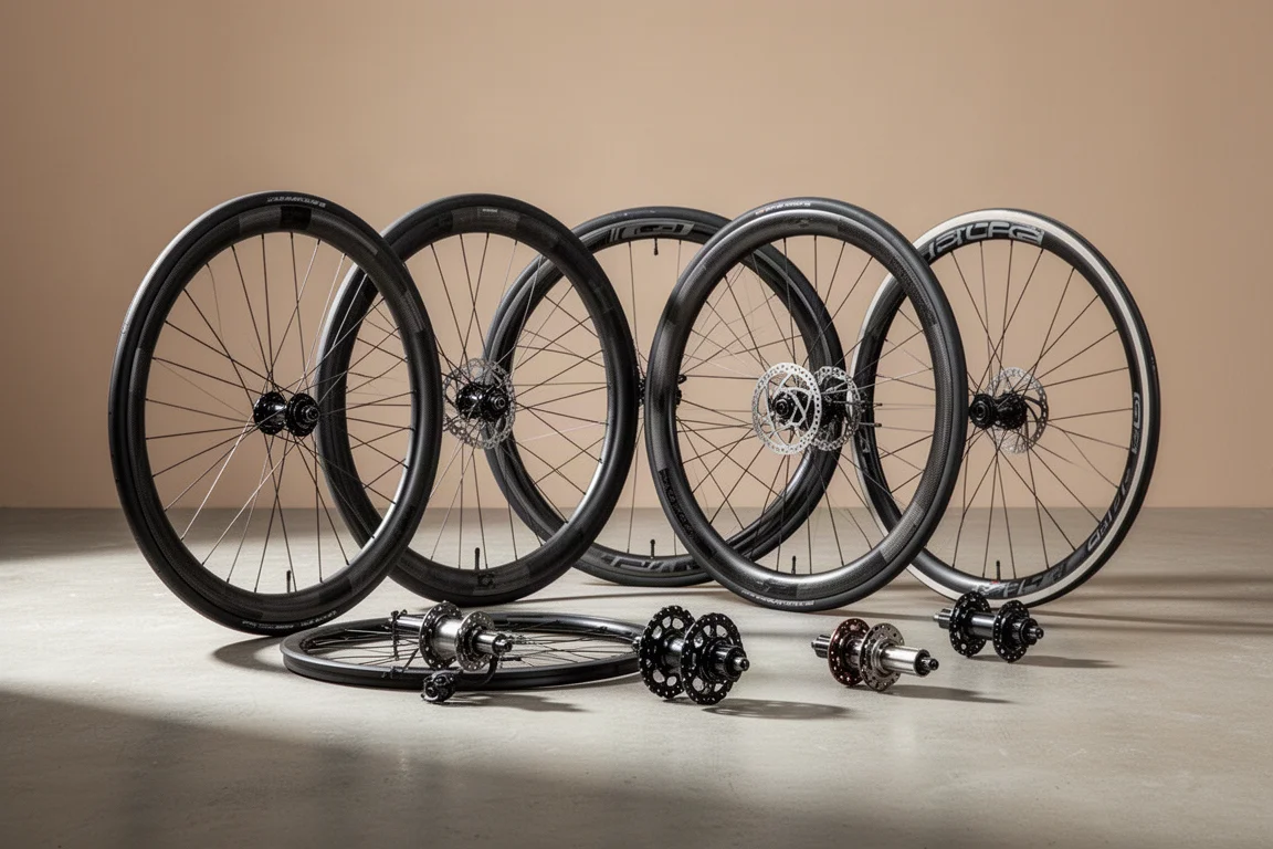 Collection of high-end road bike wheels on a concrete surface