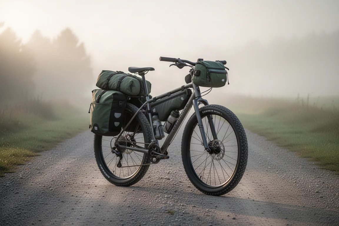 Loaded touring bicycle with compact panniers on a gravel road at first light