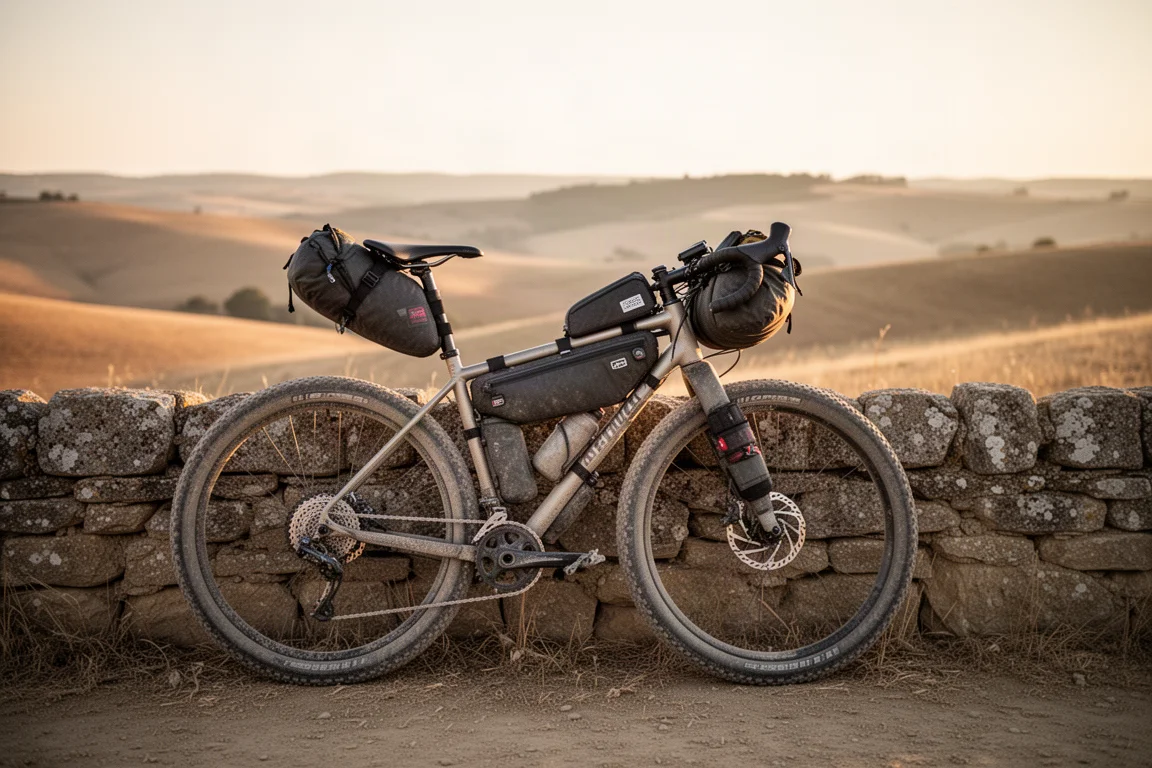 Loaded gravel bike with bikepacking bags leaning against a stone wall at golden hour