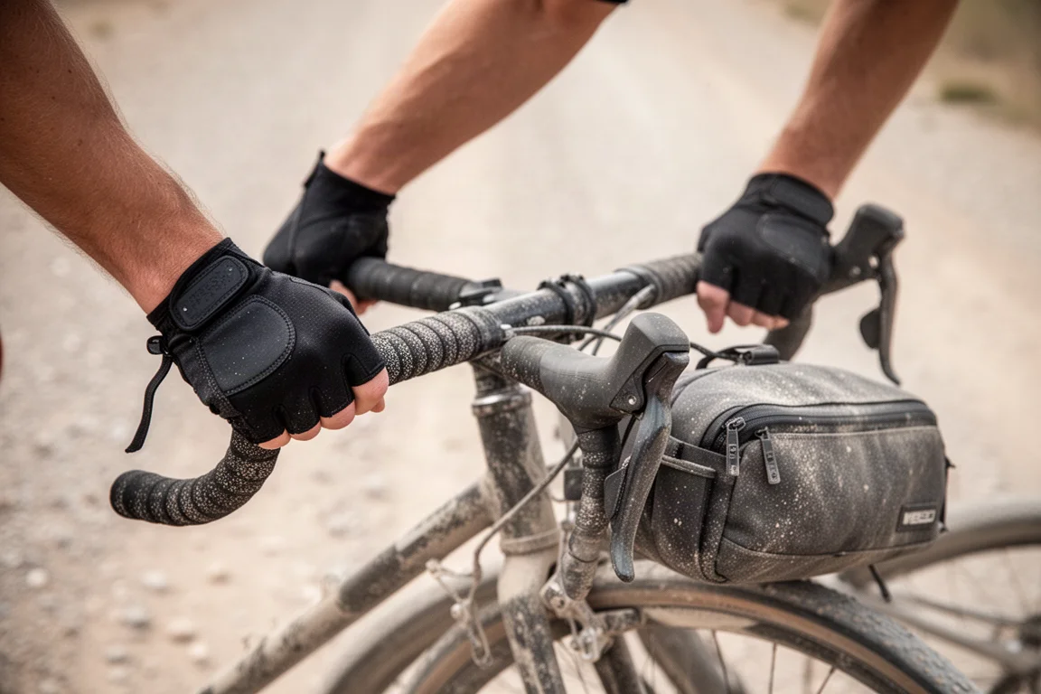 Cyclist's hands in padded fingerless gloves gripping drop handlebars on a gravel descent