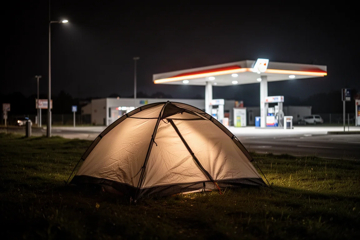 Small tent pitched on grass beside a brightly lit service station forecourt at night