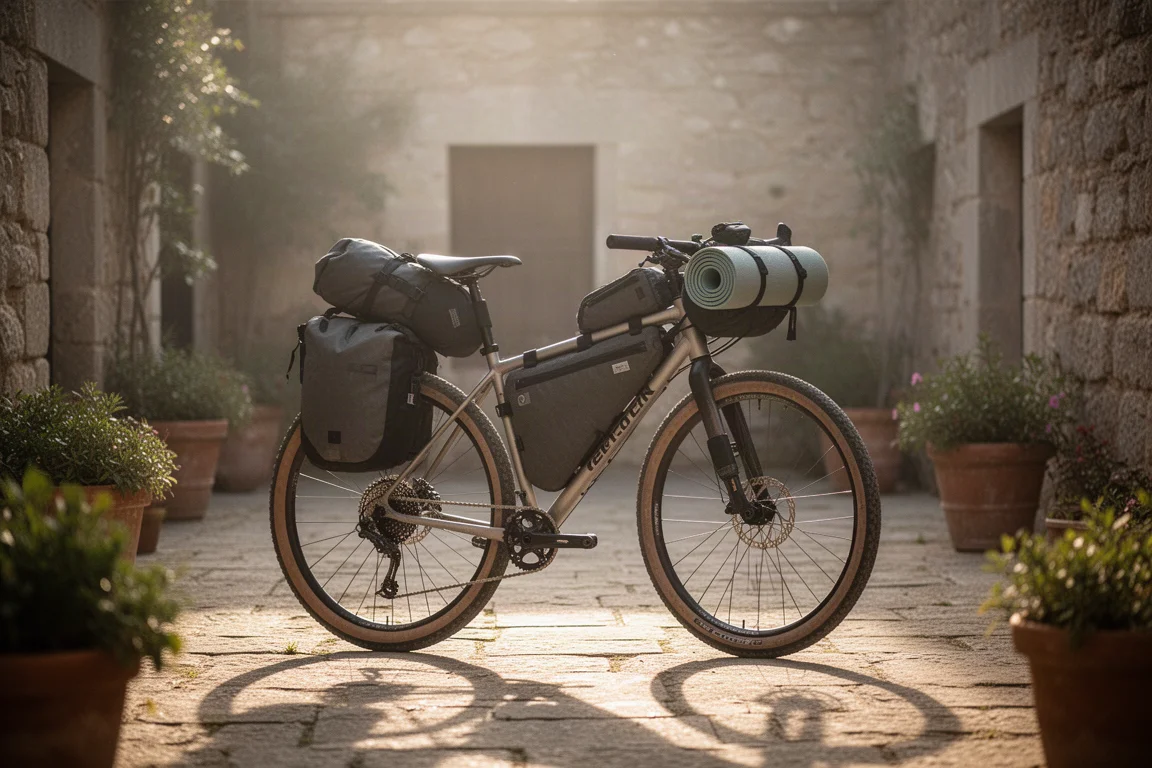 Loaded bikepacking bike in a sunlit stone courtyard with a rolled sleeping mat on the bars