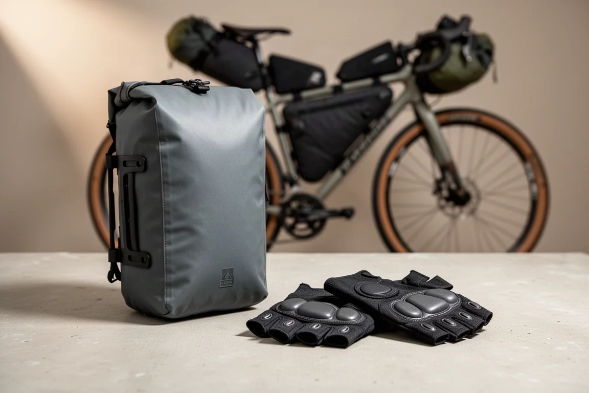 Charcoal bikepacking pannier and black padded cycling gloves on a concrete surface