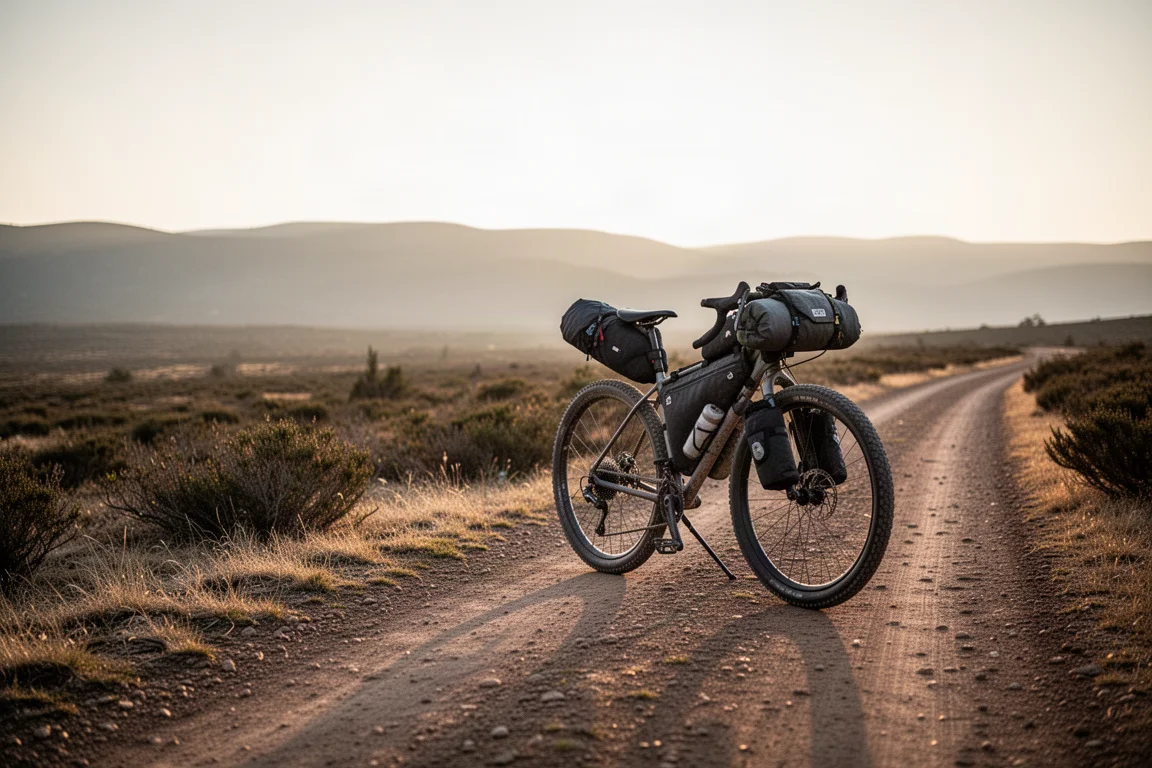 Beladenes Bikepacking-Rad auf einem Feldweg im Morgengrauen in offener Hochlandlandschaft