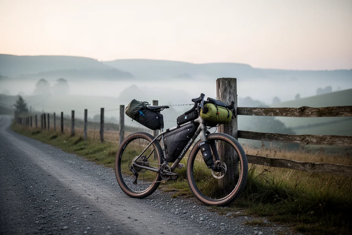 Vélo de bikepacking chargé appuyé contre un poteau de clôture sur une route en gravier à l'aube