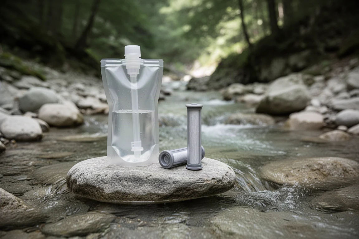 Poche de filtration d'eau et filtre fin posés sur un rocher au bord d'un torrent de montagne