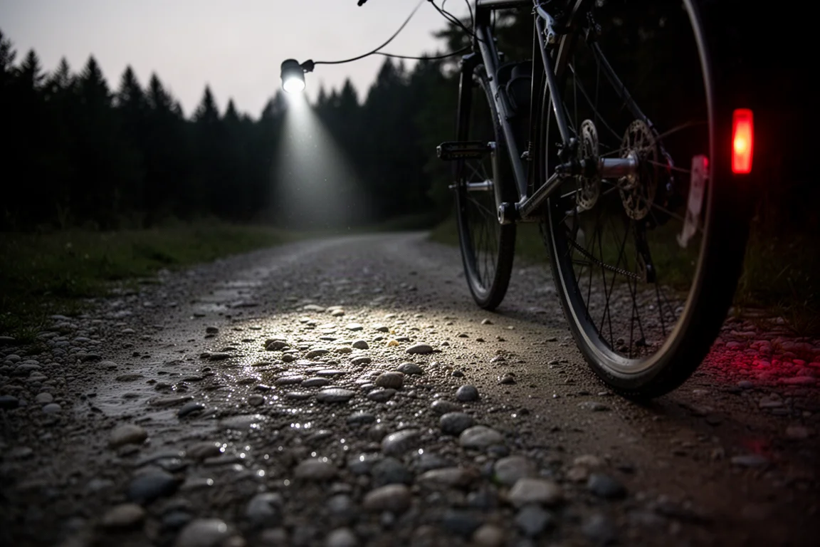 Piste en gravier au crépuscule éclairée par un seul faisceau de phare de vélo sur des pierres mouillées