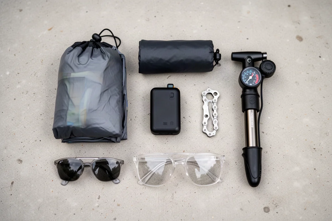 Vue de dessus à plat de petits essentiels de bikepacking sur une surface en béton
