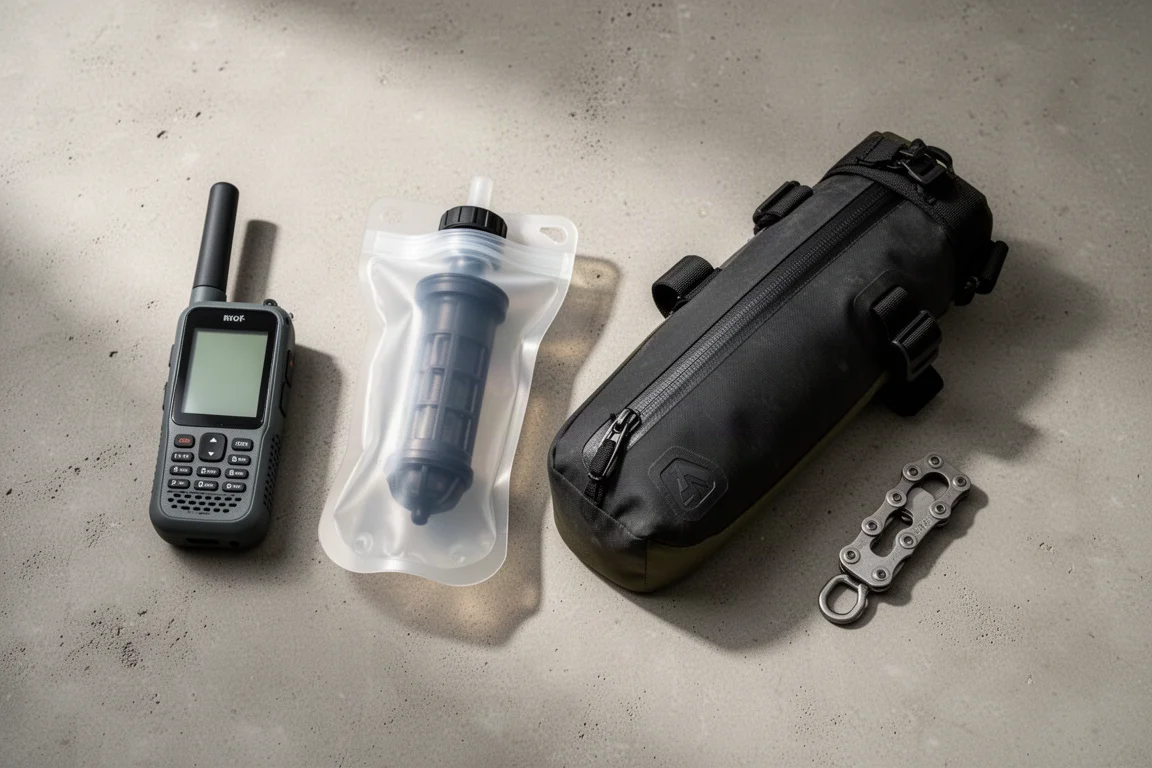 Flat-lay of a satellite communicator, water filter, top tube bag and chain tool on concrete