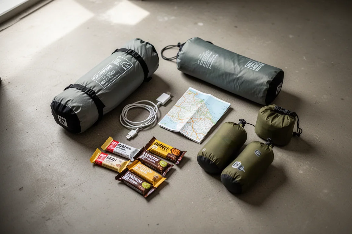 Vue à plat d'équipement de bikepacking avec sac de bivouac, câbles et en-cas sur du béton