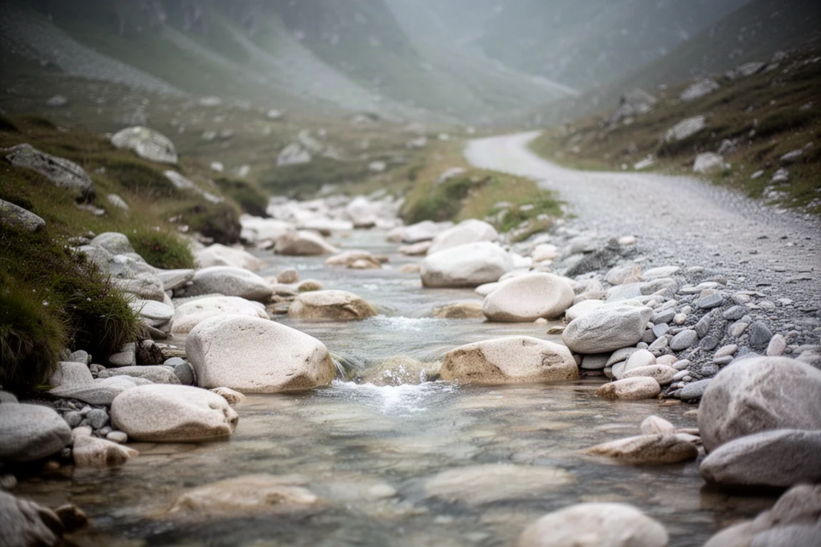 Ruisseau de montagne coulant sur des rochers pâles avec une piste gravel au loin